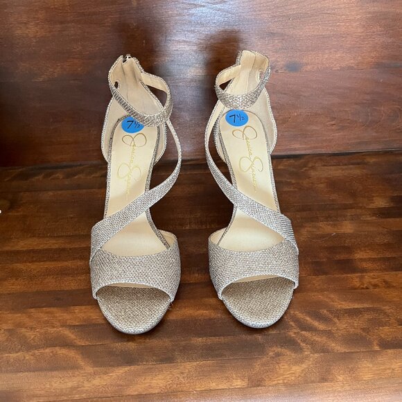 Jessica Simpson Jesimae Gold Shimmer Heels Open Toe Stilettos Evening Size 7.5 - Picture 2 of 9